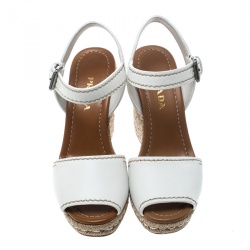 Pre Owned Prada White Leather Flaviana Open Toe Ankle Strap Wedge Sandals Size 38