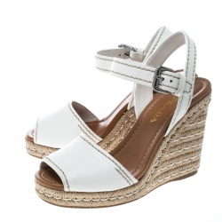 Pre Owned Prada White Leather Flaviana Open Toe Ankle Strap Wedge Sandals Size 38