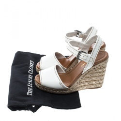 Pre Owned Prada White Leather Flaviana Open Toe Ankle Strap Wedge Sandals Size 38