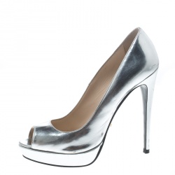 Pre Owned Prada Silver Leather Peep Toe Platform Pumps Size 40
