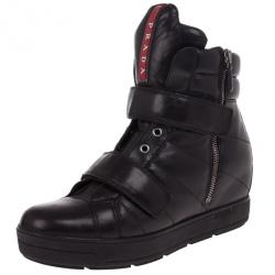Pre Owned Prada Sport Black Leather High Top Wedge Sneakers Size 38