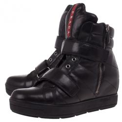 Pre Owned Prada Sport Black Leather High Top Wedge Sneakers Size 38