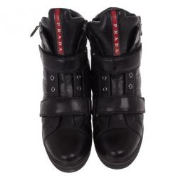 Pre Owned Prada Sport Black Leather High Top Wedge Sneakers Size 38