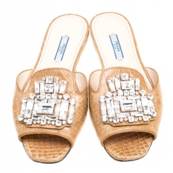 Pre Owned Prada Beige Croc Embossed Leather Crystal Embellished Flat Slides Size 38