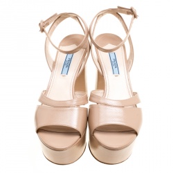 Pre Owned Prada Beige Patent Saffiano Leather Ankle Strap Block Heel Platform Sandals Size 38.5
