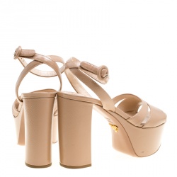 Pre Owned Prada Beige Patent Saffiano Leather Ankle Strap Block Heel Platform Sandals Size 38.5