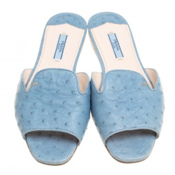 Pre Owned Prada Powder Blue Ostrich Leather Flat Slides Size 38