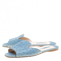 Pre Owned Prada Powder Blue Ostrich Leather Flat Slides Size 38