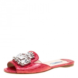 Prada Red Croc Embossed Leather Crystal Embellished Flat Slides Size 38	