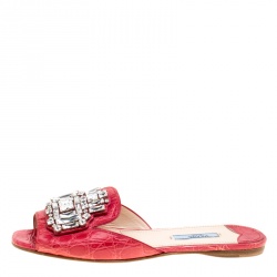 Prada Red Croc Embossed Leather Crystal Embellished Flat Slides Size 38	