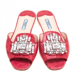 Prada Red Croc Embossed Leather Crystal Embellished Flat Slides Size 38	