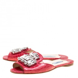 Prada Red Croc Embossed Leather Crystal Embellished Flat Slides Size 38	