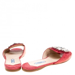 Prada Red Croc Embossed Leather Crystal Embellished Flat Slides Size 38	