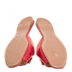 Prada Red Croc Embossed Leather Crystal Embellished Flat Slides Size 38	