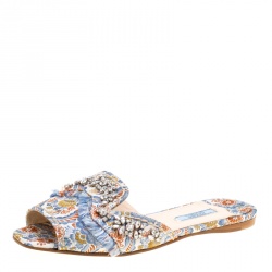 Prada Special Edition Multicolor Brocade Fabric Crystal Embellished Peep Toe Flat Slides Size 37.5