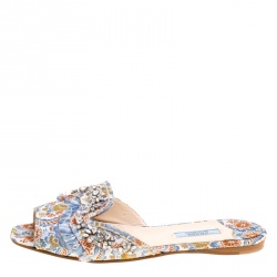 Prada Special Edition Multicolor Brocade Fabric Crystal Embellished Peep Toe Flat Slides Size 37.5