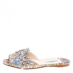 Prada Special Edition Multicolor Brocade Fabric Crystal Embellished Peep Toe Flat Slides Size 37.5