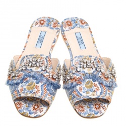 Prada Special Edition Multicolor Brocade Fabric Crystal Embellished Peep Toe Flat Slides Size 37.5