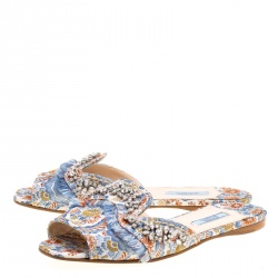 Prada Special Edition Multicolor Brocade Fabric Crystal Embellished Peep Toe Flat Slides Size 37.5