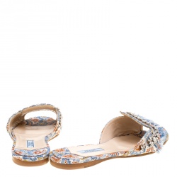 Prada Special Edition Multicolor Brocade Fabric Crystal Embellished Peep Toe Flat Slides Size 37.5