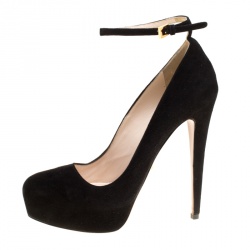 Pre Owned Prada Black Suede Ankle Strap Platform Pumps Size 38