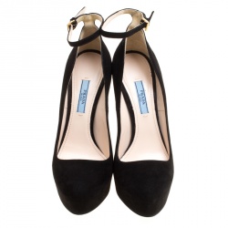 Pre Owned Prada Black Suede Ankle Strap Platform Pumps Size 38