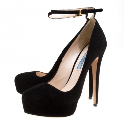 Pre Owned Prada Black Suede Ankle Strap Platform Pumps Size 38