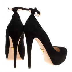 Pre Owned Prada Black Suede Ankle Strap Platform Pumps Size 38