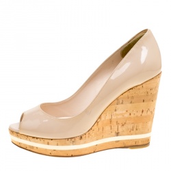 Pre Owned Prada Beige Patent Leather Peep Toe Cork Wedge Pumps Size 36