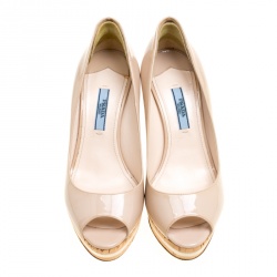 Pre Owned Prada Beige Patent Leather Peep Toe Cork Wedge Pumps Size 36
