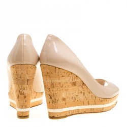 Pre Owned Prada Beige Patent Leather Peep Toe Cork Wedge Pumps Size 36