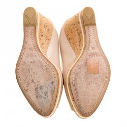 Pre Owned Prada Beige Patent Leather Peep Toe Cork Wedge Pumps Size 36