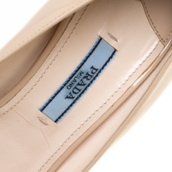 Pre Owned Prada Beige Patent Leather Peep Toe Cork Wedge Pumps Size 36