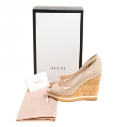 Pre Owned Prada Beige Patent Leather Peep Toe Cork Wedge Pumps Size 36