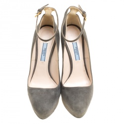 Pre Owned Prada Grey Suede Ankle Strap Platform Pumps Size 37