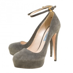 Pre Owned Prada Grey Suede Ankle Strap Platform Pumps Size 37