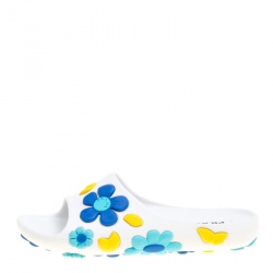 Pre Owned Prada White Multicolor Flower Appliquèd Rubber Slide Sandals Size 39