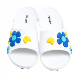 Pre Owned Prada White Multicolor Flower Appliquèd Rubber Slide Sandals Size 39