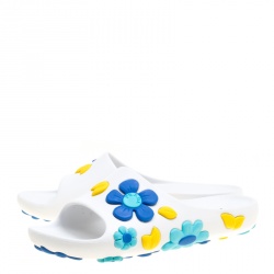Pre Owned Prada White Multicolor Flower Appliquèd Rubber Slide Sandals Size 39