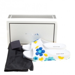 Pre Owned Prada White Multicolor Flower Appliquèd Rubber Slide Sandals Size 39