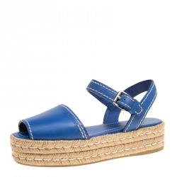 Pre Owned Prada Blue Leather Peep Toe Ankle Strap Espadrille Platform Sandals Size 39