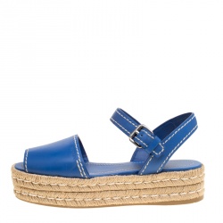 Pre Owned Prada Blue Leather Peep Toe Ankle Strap Espadrille Platform Sandals Size 39