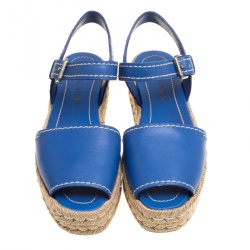 Pre Owned Prada Blue Leather Peep Toe Ankle Strap Espadrille Platform Sandals Size 39