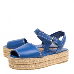 Pre Owned Prada Blue Leather Peep Toe Ankle Strap Espadrille Platform Sandals Size 39