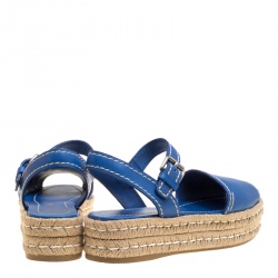 Pre Owned Prada Blue Leather Peep Toe Ankle Strap Espadrille Platform Sandals Size 39