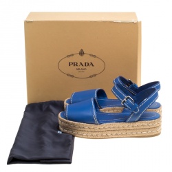 Pre Owned Prada Blue Leather Peep Toe Ankle Strap Espadrille Platform Sandals Size 39