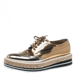 Prada Metallic Gold Brogue Leather Wave Wingtip Espadrille Platform Derby Sneakers Size 38