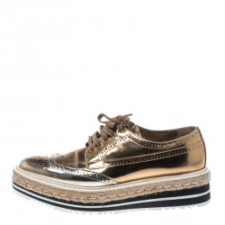 Prada Metallic Gold Brogue Leather Wave Wingtip Espadrille Platform Derby Sneakers Size 38