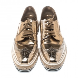 Prada Metallic Gold Brogue Leather Wave Wingtip Espadrille Platform Derby Sneakers Size 38
