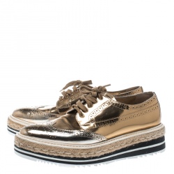Prada Metallic Gold Brogue Leather Wave Wingtip Espadrille Platform Derby Sneakers Size 38